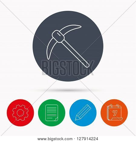 Mining tool icon. Pickaxe equipment sign. Minerals industry symbol. Calendar, cogwheel, document file and pencil icons.