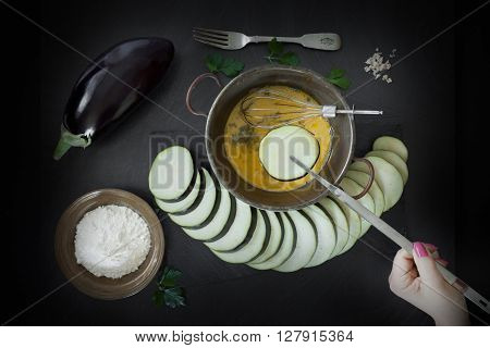 Dip Eggplant Slice In Egg