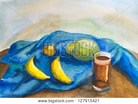 Watercolor painting  two bananas, mango and glass, nature morte