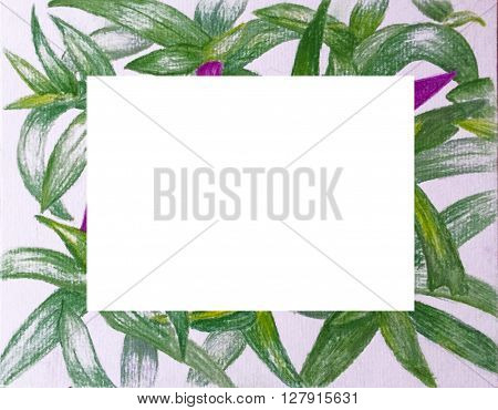 Pastel pencils drawing green and violet leaves with place for text, hand-drawn floral frame