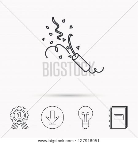 Shooting slapstick icon. Celebration sign. Download arrow, lamp, learn book and award medal icons.