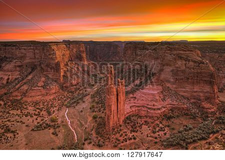 Sunrise at Spider Rock in Canyon de Chelly Arizona.