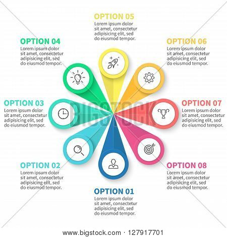 Infographics step by step with  petals. Diagram, chart with 8 steps, options, parts, processes. Vector business template for presentation.