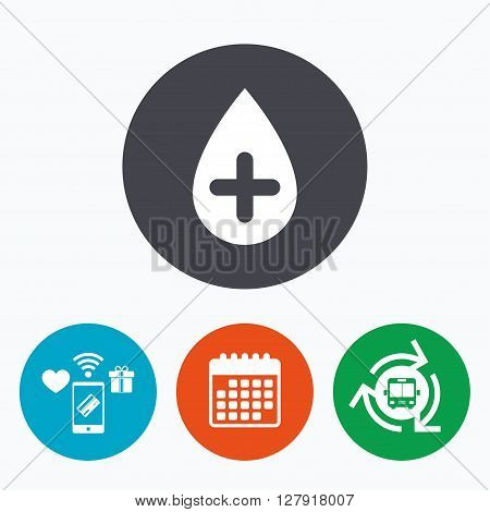 Water drop with plus sign icon. Softens water symbol. Mobile payments, calendar and wifi icons. Bus shuttle.