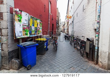 Maastricht Netherlands - April 11 2016: alley in the old town of Maastricht. Maastricht is a university city and the capital of the Dutch province Limburg