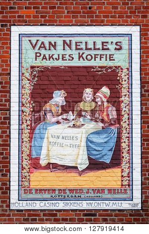 Valkenburg Netherlands - April 11 2016: historical advertisement at a house wall in Valkenburg. Valkenburg aan de Geul in the province Limburg is a popular tourist destination