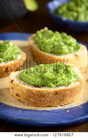 Fresh avocado cream or guacamole on onion bread slices photographed with natural light (Selective Focus Focus on the front of the avocado cream on the first bread)