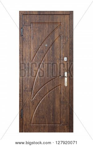 Closed palisander wooden door isolated at white background. Image of a closed door. Entrance to apartment. Dark brown wood, designed and textured front door with lock and handle. Modern Door design.