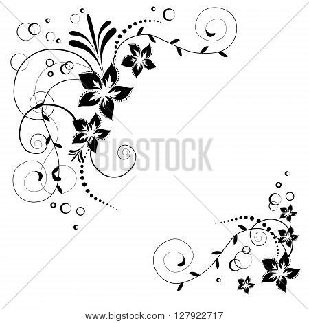 Flower corner in vector. Black flowers on white background. Flowery invitation card. Background with floral elements.