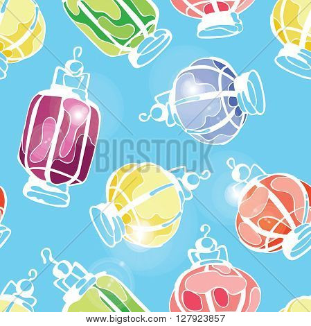 Paper Lanterns. Balloons paper lamps. Paper lanterns in different colors. White glowing light burst, bright flare. Glare. Vector seamless pattern (background).