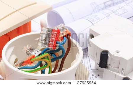 Components for use in installations and electrical diagrams copper wire connections in electrical box accessories for engineering work energy concept