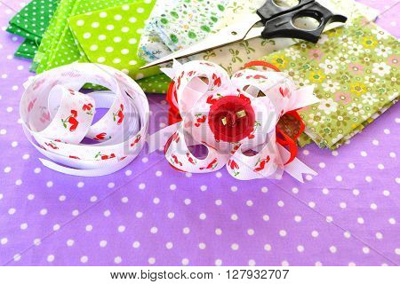 Bow of ribbon, children hair accessory, fabric set