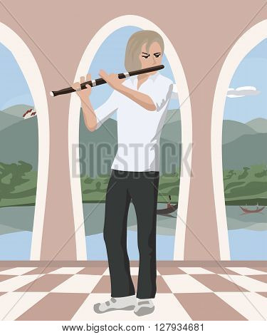 man playing flute at romantic hall - cute vector illustration