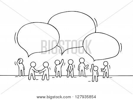 Sketch - crowd of working little people with speech bubbles. Doodle cute miniature teamwork and partnership. Hand drawn cartoon vector illustration for business design and infographic.