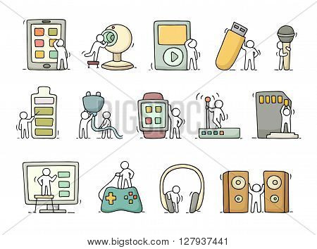 Electronic icons set of sketch working little people with computer camera. Doodle cute miniature scenes of workers with gadgets. Hand drawn cartoon vector illustration for business design and infographic.