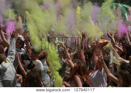 SOFIA, BULGARIA - June 20, 2015: Happy people during Festival of colours Holi.