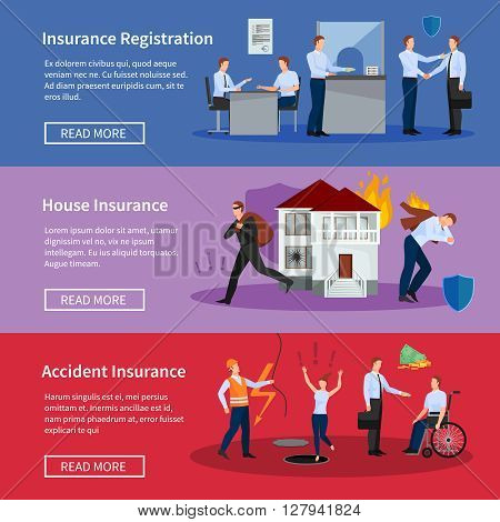 Personal and house insurance banner set with fire theft accidents and workplace injuries isolated vector illustration