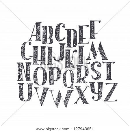 English hand drawn abc from a to z. Capital font made with nib and serif decorated hatch alphabet painted freehand. Isolated on white background vector illustration. Letter made in classical hatched style