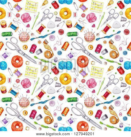 Seamless watercolor pattern of various sewing tools. Sewing kit accessories and equipment for sewing. Tools for needlework. Scissors buttons bobbins with thread and needles