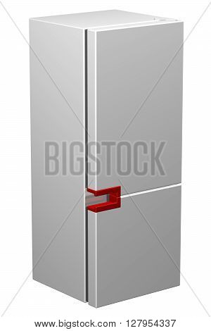 White refrigerator with red handle isolated on white background. 3D rendering.