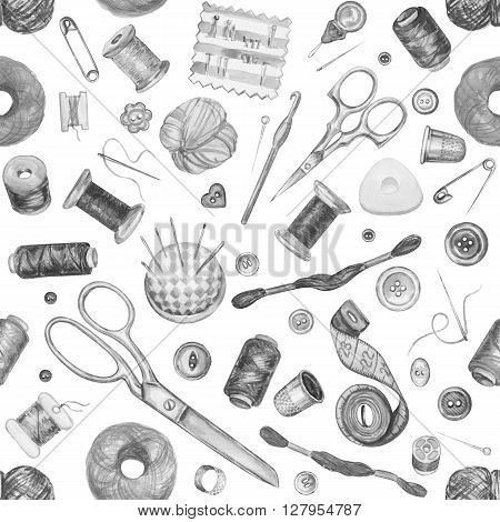 Seamless watercolor pattern of various sewing tools. Sewing kit accessories and equipment for sewing. Tools for needlework. Scissors buttons bobbins with thread and needles