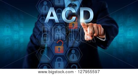 Cyber security manager is pressing ACD on a visual interactive screen. Information technology concept for Active Cyber Defense. A proactive form of computer security anticipating a network attack.