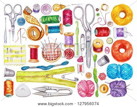 Big set of various watercolor sewing tools. Sewing kit accessories and equipment for sewing. Tools for needlework. Scissors buttons bobbins with thread and needles