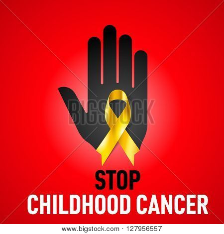 Stop Childhood Cancer sign. Black hand with yellow ribbon on red background