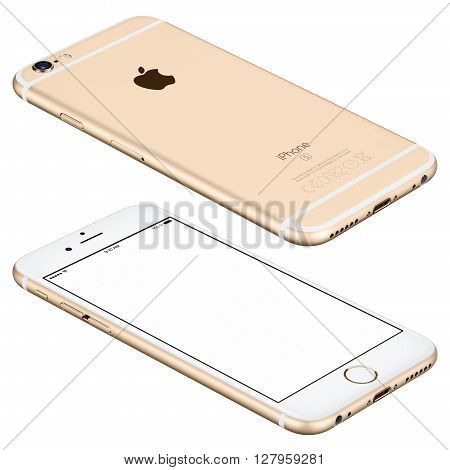 Varna Bulgaria - October 25 2015: Gold Apple iPhone 6s mockup lies on the surface with white screen and back side with Apple Inc logo. Isolated on white.