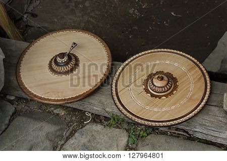 Etar,  Gabrovo, Bulgaria - April 13, 2012: Retail shop in workshop for wooden hand-made souvenir, Etar, Gabrovo, Bulgaria. Visit of Gabrovo region in springtime.