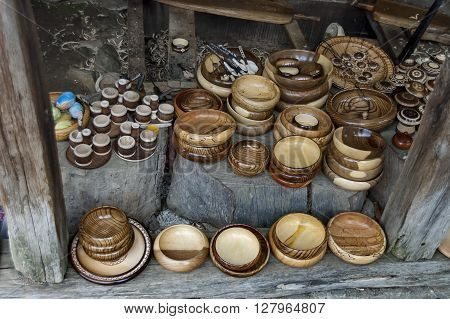 Etar,  Gabrovo, Bulgaria - April 13, 2012: Retail shop in workshop for wooden hand-made souvenir, Etar, Gabrovo, Bulgaria. Visit of Gabrovo region in springtime.