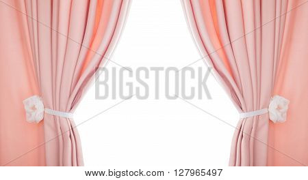 Pink curtain draped with pelmet isolated on a white background.