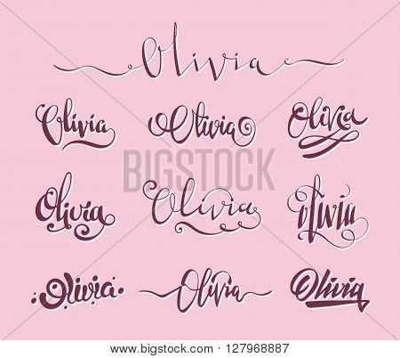Personal name Olivia. Vector handwritten calligraphy set. Handmade lettering collection