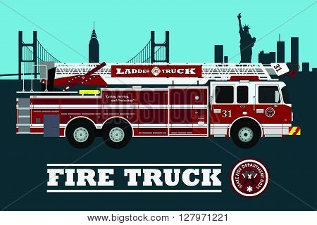 Fire truck on city background. Vector illustration.