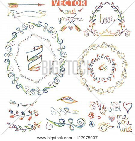 Colored Doodles wreath , floral decor elements set .Watercolor, pencil crayon sketched.Design template, invitation card.Wedding, Valentine day, holiday, Easter and birthday.Love Vector