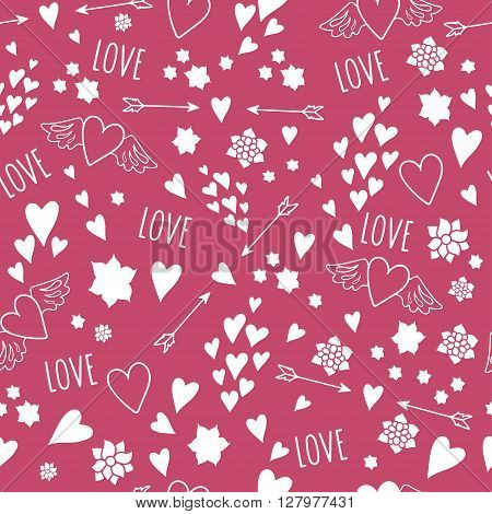 Hand drawn seamless pattern with hearts and love lettering. Cute seamless heart pattern on rose background