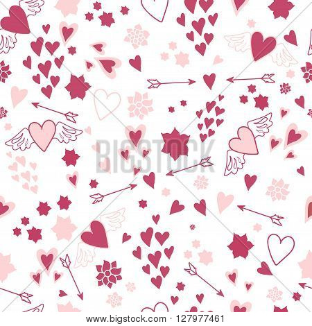 Seamless heart pattern with flowers and arrows on white background