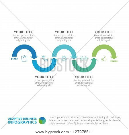 Process chart infographic template with icons and sample text, multicolored version