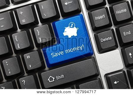 Conceptual Keyboard - Save Money (blue Key With Moneybox Symbol)