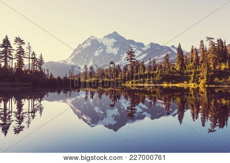 Scenic Picture lake with mount Shuksan reflection in Washington, USA