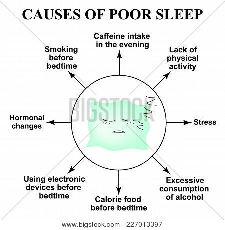 Causes Of Poor Sleep. Insomnia. World Sleep Day. Sleeping Pillow. Infographics. Vector Illustration 