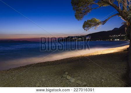 Tucepi, Croatia - August 14 2017: Sunset View Of Tucepi Beach, Long Exposure Shot