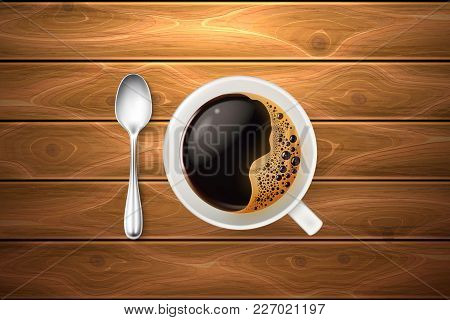 Vector Realistic Coffee Cup With Foam Bubbles Spoon Top View Mockup. Hot Delicious Beverage Drink In