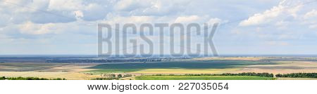 Wonderful Summer Nature Landscape With Blue Sky, Green And Yellow Fields, Green Forest Lines And Awe