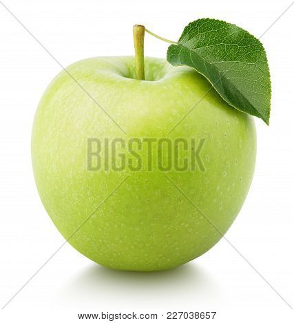 One Ripe Green Apple Fruit With Green Leaf Isolated On White Background. Granny Smith Apple With Cli
