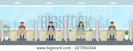 Modern Office Interior With Employees. Creative Office Workspace With Big Window, Furniture In Inter
