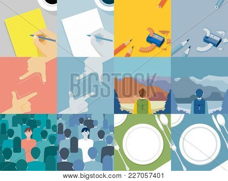 Set of illustrations exploring the concept of human values