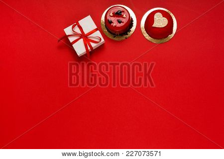 Present On A Bright Red Background With A Copy Space