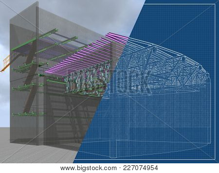 3D Project Of Reconstruction And Construction Of Buildings Made Of Metal Structures. Transparent Wal