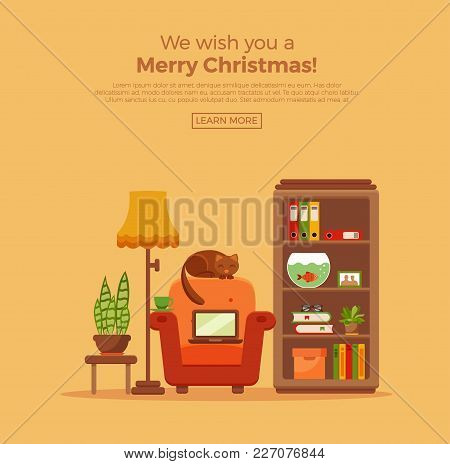 Vector Colorful Office Desk With Indoor Plants. Work Interior Design Elements:cat, Laptop, Indoor Pl